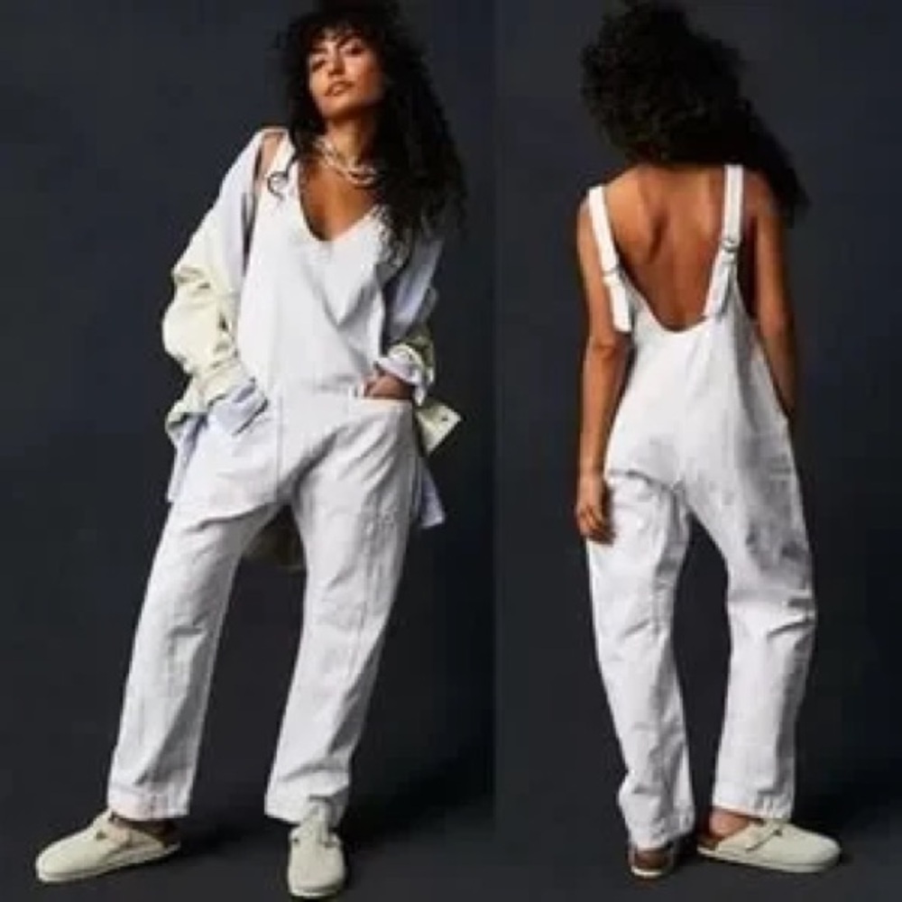 JOE JONAS’ Free People We The Free High Roller Jumpsuit Overalls in Optic White